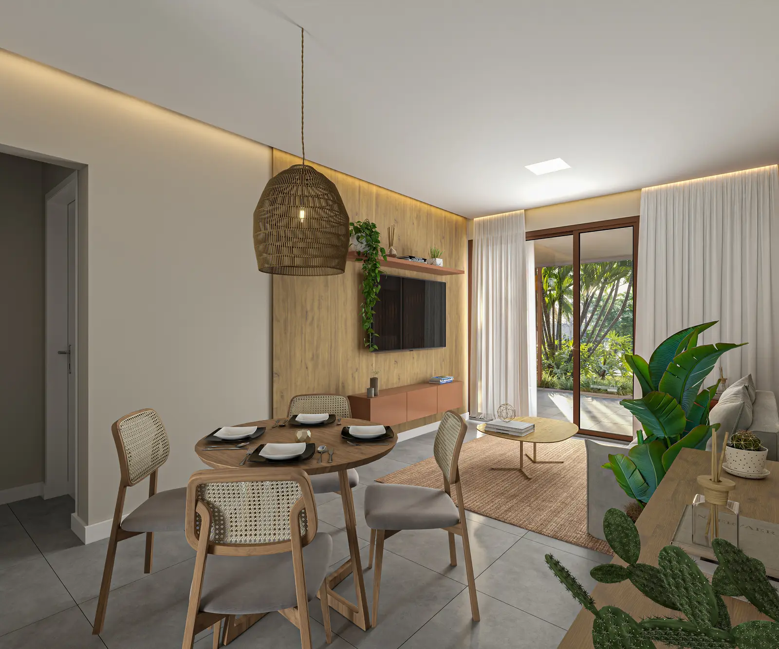 Sala de jantar com mesa redonda e varanda