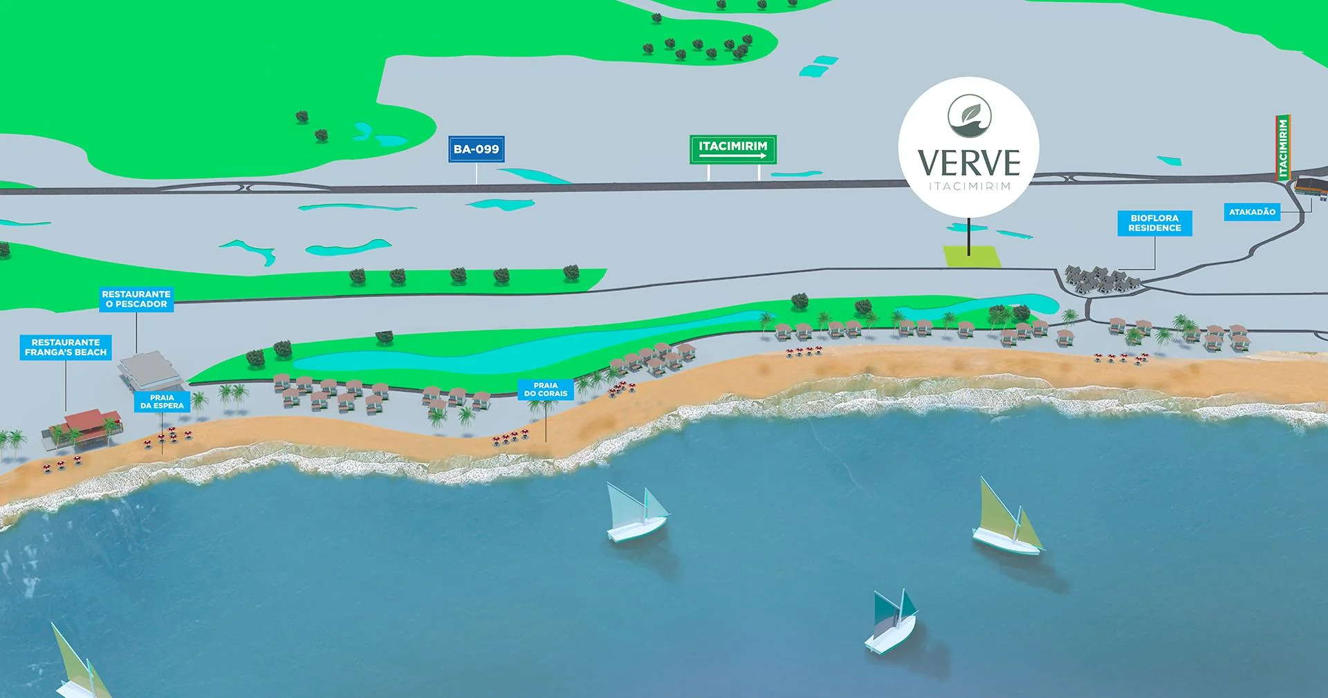Mapa ilustrado de Itacimirim: VERVE a 600 m da praia, próximo à BA-099, Praia da Espera e Praia do Corais